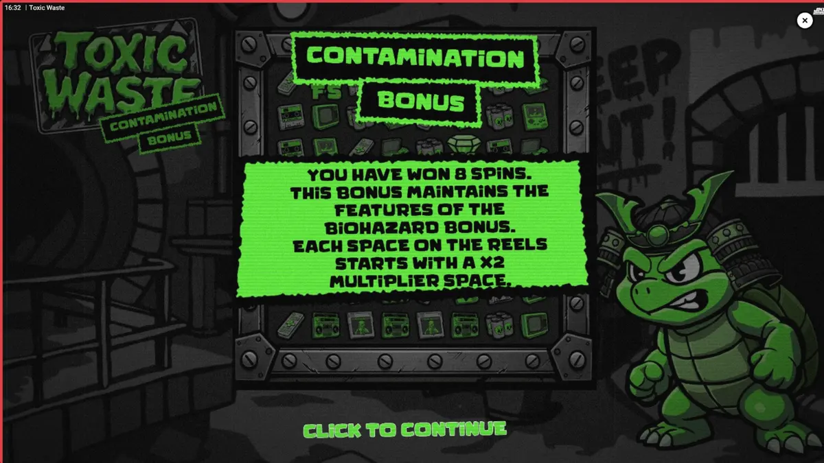 Tampilan visual neon dari slot Toxic Waste dengan simbol-simbol laboratorium.